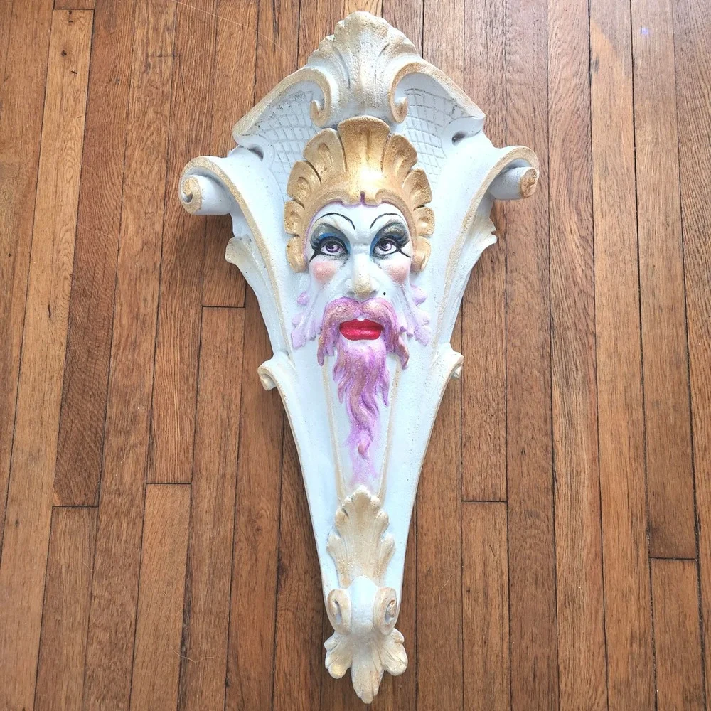 Hand Painted Drag Queen Plaster Wall Corbel Purple Beard Gold White Large Decor‎